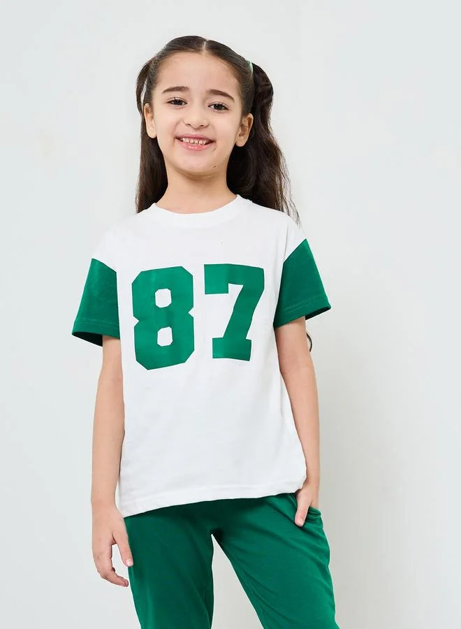 Styli Girls Number Print Cotton T-Shirt and Joggers Set