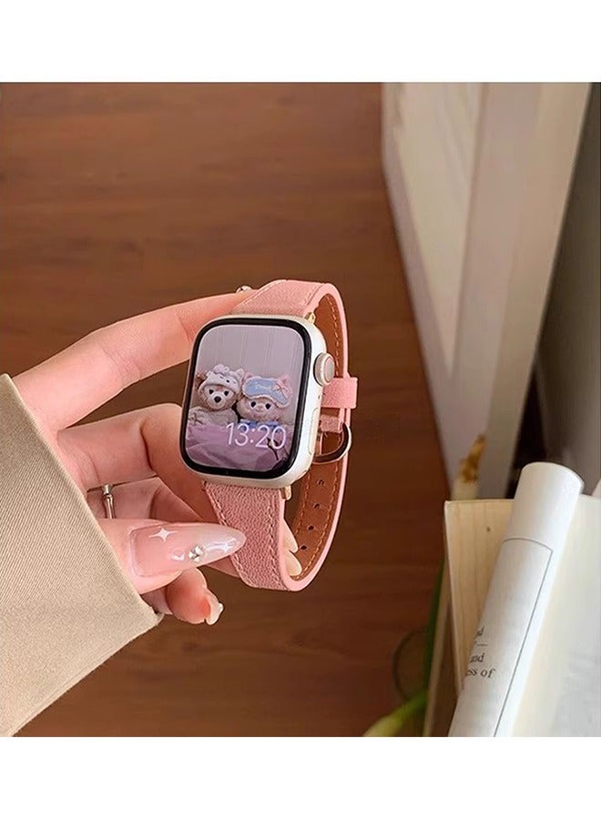 For Apple Watch Leather Band, Compatible with Apple Watch Band 38mm 40mm 41mm 42mm Women, Top Grain Genuine Leather Strap Thin Watch Wristband for iWatch Series10 9 8 7 6 5 4 3 2 1 SE Ultra 2, Pink﻿  - Image 5