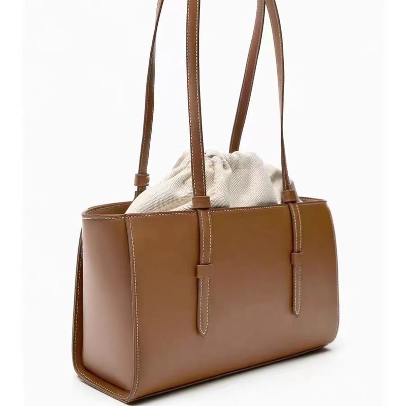 Zara 2026 New Fashion White City Style Drawstring Bucket Bag – Handheld Shoulder Crossbody PU Leather for Women - Image 3