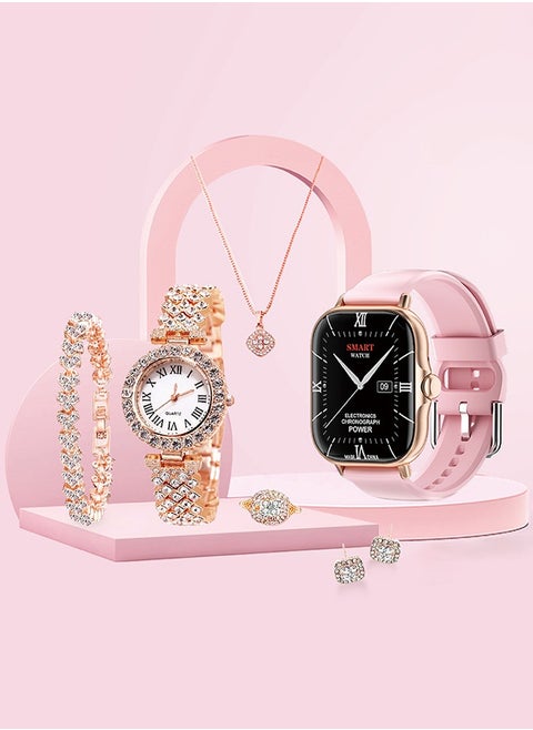 7 in 1 Ultra Watch Series 9 Smart Watch for Women and Golden Mechanical Watch with Silicon Band and 1 Golden Bracelet and 1 Pendant and 1 pair of Stud Earrings and ring