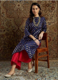 Navy Geometric Brocade Kurta With Red Palazzo Pants
