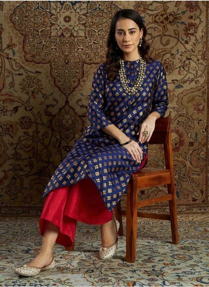 SASSAFRAS - Navy Geometric Brocade Kurta With Red Palazzo Pants - Image 1