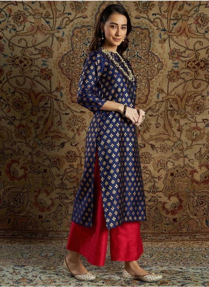 SASSAFRAS - Navy Geometric Brocade Kurta With Red Palazzo Pants - Image 1