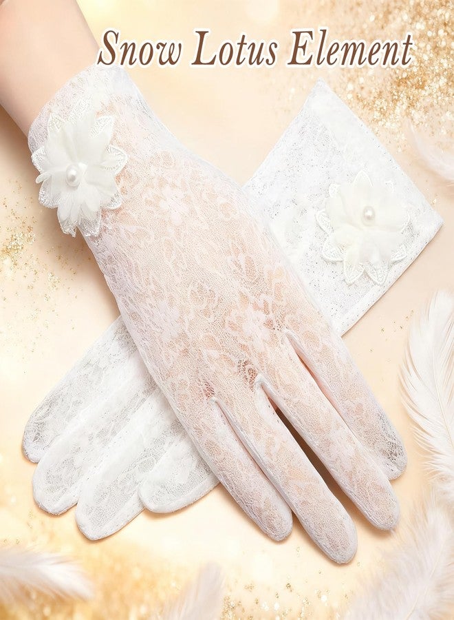 TecoKart® White Lace Wedding Gloves for Women, Elegant Snow Lotus Design Bridal Gloves, Net Gloves for Women, Soft White Gloves for Bride, Lace Gloves for Parties & Special Occasions - Image 3