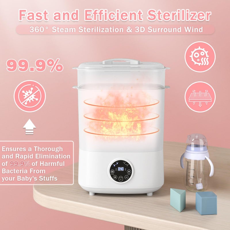 Fisca Baby Bottle Sterilizer and Dryer, 5-in-1 Large Capacity Bottle Sanitizer and Dryer, 2 Layers Compact Baby Bottle Electric Steam Sterilizer and Dryer for Baby Bottles, Pacifiers, Pump Parts - Image 3