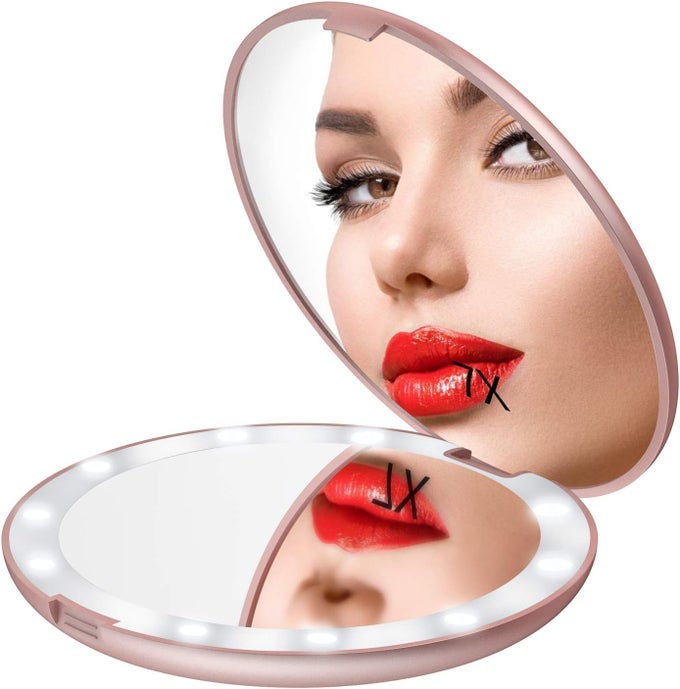 5 LIGHTED TRAVEL MAKEUP MIRROR 1X7X MAGNIFYING DOUBLE SIDED SUPER LARGE LED COMPACT PORTABLE HANDHELD POCKET ILLUMINATED COSMETIC VANITY MIRROR WITH BATTERY FOR MAKEUP BAG