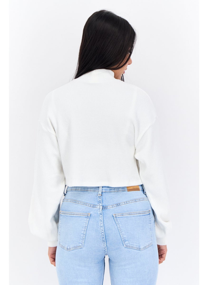 Bershka Women Mock Neck Knitted Sweater, White  - Image 3