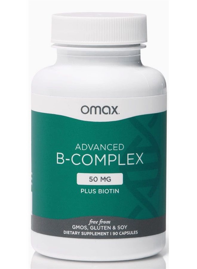 Omax3 Omax Advanced Vitamin B Complex 50MG with Biotin | Strong & Shiny Hair, Skin Nails, Support Stress, Immunity, Energy Metabolism, 90 Capsules - Image 1