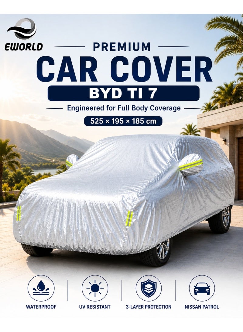 إي وورلد غطاء سيارة كامل مقاوم للماء والأشعة فوق البنفسجية لسيارة BYD Ti 7، حماية خارجية ضد الغبار، فضي - Image 1