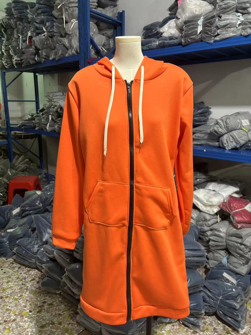 2021 Autumn Winter Brushed Fleece Hoodie Cardigan Orange red 