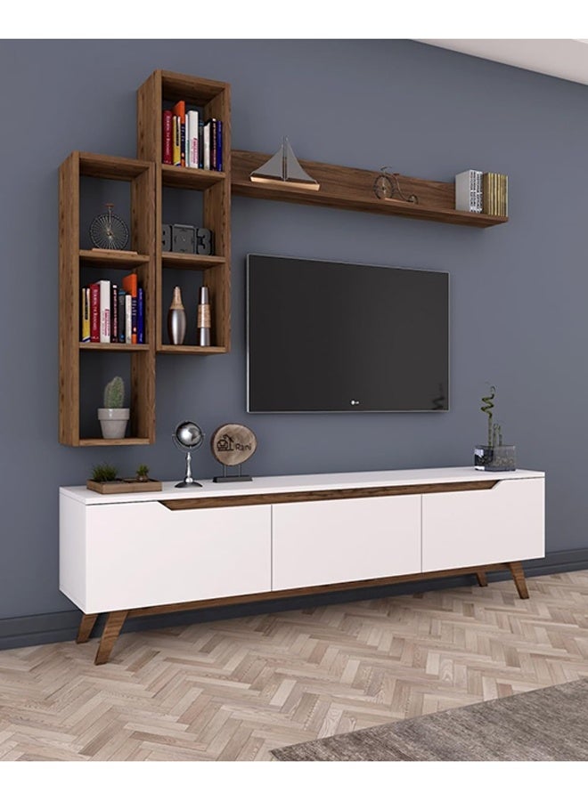 Home Canvas Home Canvas Lana Wall Unit Modern Upto 60in TV (White and Walnut)  - Image 2