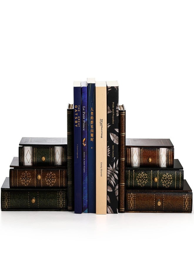 Fasmov Wood Bookends with Desktop Organizer Drawer Units, Decorative Bookends for Shelves, Office Desk Book Holder Stand, 1-Pair - Image 1