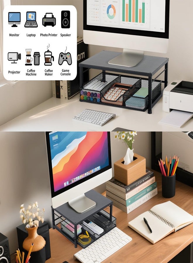 Gugsey Small Laptop Stand for Desk, Monitor Stand Riser, Office Desk Accessories, Computer Desktop Stand with Drawer for Home, Office, School (Black) - Image 2