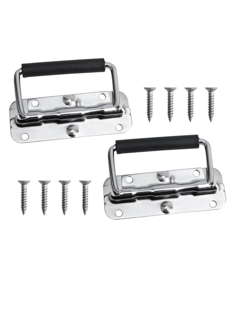 Y&D 2pcs Stainless Spring Folding Handle, with Rubber Grip Metal Lifting Box Handle Heavy Duty, Tool Handles, Chest Ring Pull Stee, for Toolbox Replacement, Storage Boxes  - Image 1