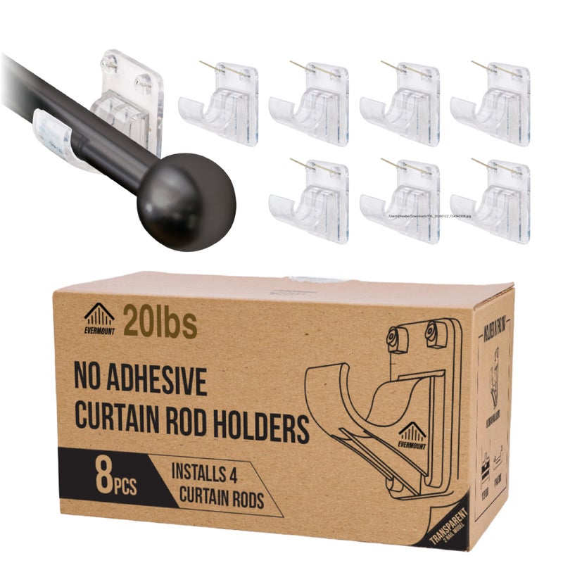 Evermount No Adhesive Heavy Duty Curtain Rod Holders with Wide Hook, 5X Stronger Than Adhesive Curtain Rod Hooks,Tension Curtain Rod Bracket for Wall with Pin Guide, Curtain Wall Mount (8 Pack, for 0.75" Rods) - Image 1