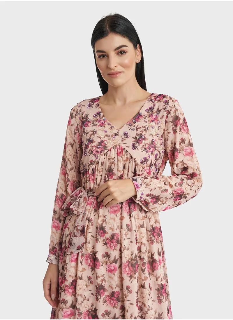 كشخة Printed Chiffon Pintuck and Frilled Dress