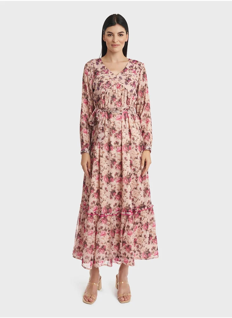 كشخة Printed Chiffon Pintuck and Frilled Dress