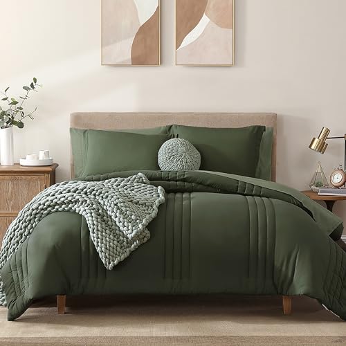 Monbix Full Comforter Set - 7 Pieces Olive Green Bed in a Bag Full Size Bedding Sets with Comforters, All Seasons Down Alternative Comforter with Sheets,Pillowcases & Shams - Image 1