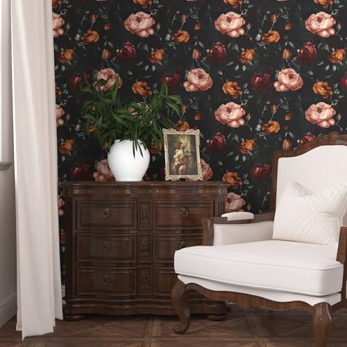 Laatse Dark Floral Wallpaper Peel and Stick, Black Vintage Orange/Pink Rose Contact Paper 17.5 x 393.7in, Waterproof Self Adhesive Flower Retro Boho Wall Paper for Bedroom Walls Cabinet Shelf Table Drawer - Image 3