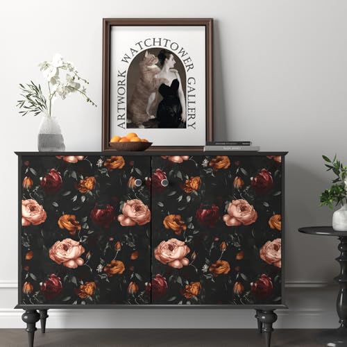 Laatse Dark Floral Wallpaper Peel and Stick, Black Vintage Orange/Pink Rose Contact Paper 17.5 x 393.7in, Waterproof Self Adhesive Flower Retro Boho Wall Paper for Bedroom Walls Cabinet Shelf Table Drawer - Image 2