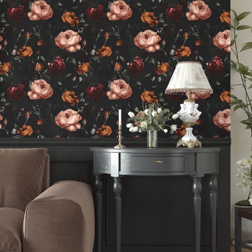 Laatse Dark Floral Wallpaper Peel and Stick, Black Vintage Orange/Pink Rose Contact Paper 17.5 x 393.7in, Waterproof Self Adhesive Flower Retro Boho Wall Paper for Bedroom Walls Cabinet Shelf Table Drawer - Image 5