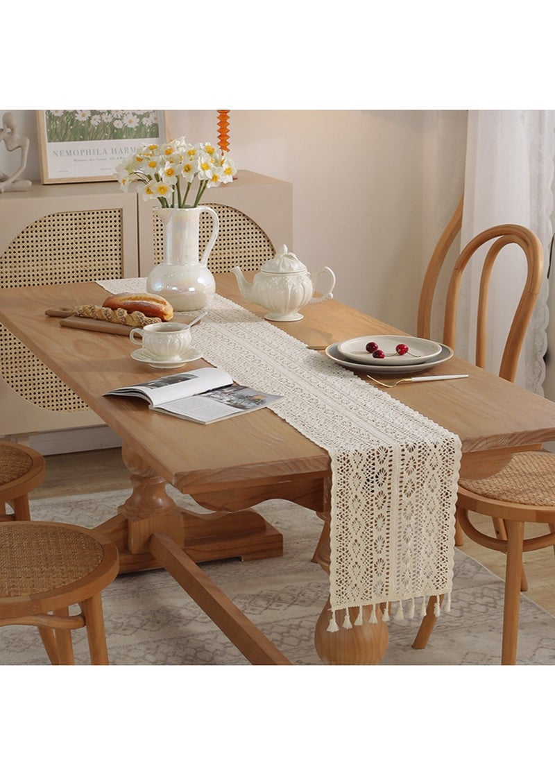 yIFeNG European and American style Style 100% Cotton Lace Boho Table Runner Vintage Style Table Decor Home Bridal Shower Country Wedding Party Coffee Table Decor  - Image 3