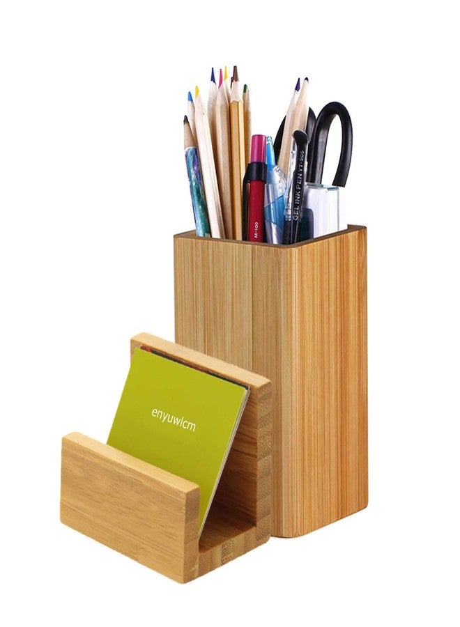 Enyuwlcm Bamboo Wooden Pen Holder Cup and Desk Business Card Holder Stand for Office Home School 2 Packs - Image 1