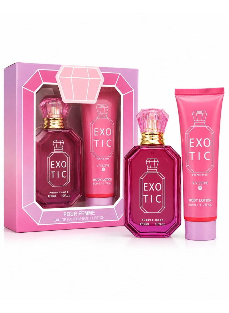 طقم هدايا عطر "إكزوتيك بيربل روز" من في في لوف للنساء - (أو دي بارفان 30 مل + لوشن للجسم 50 مل) - طقم من قطعتين