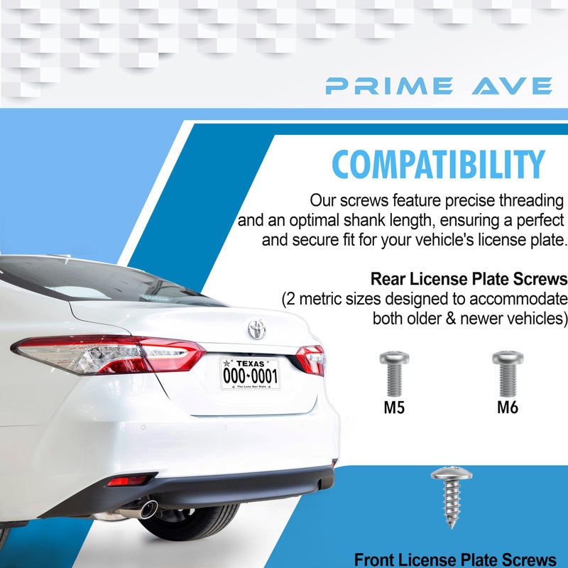 PRIME AVE Stainless Steel License Plate Screws for License Plates, Frames, Covers- Rust Proof Rear & Front Licence Plate Screw Set - Compatible with Toyota, Lexus & Scion - Image 2
