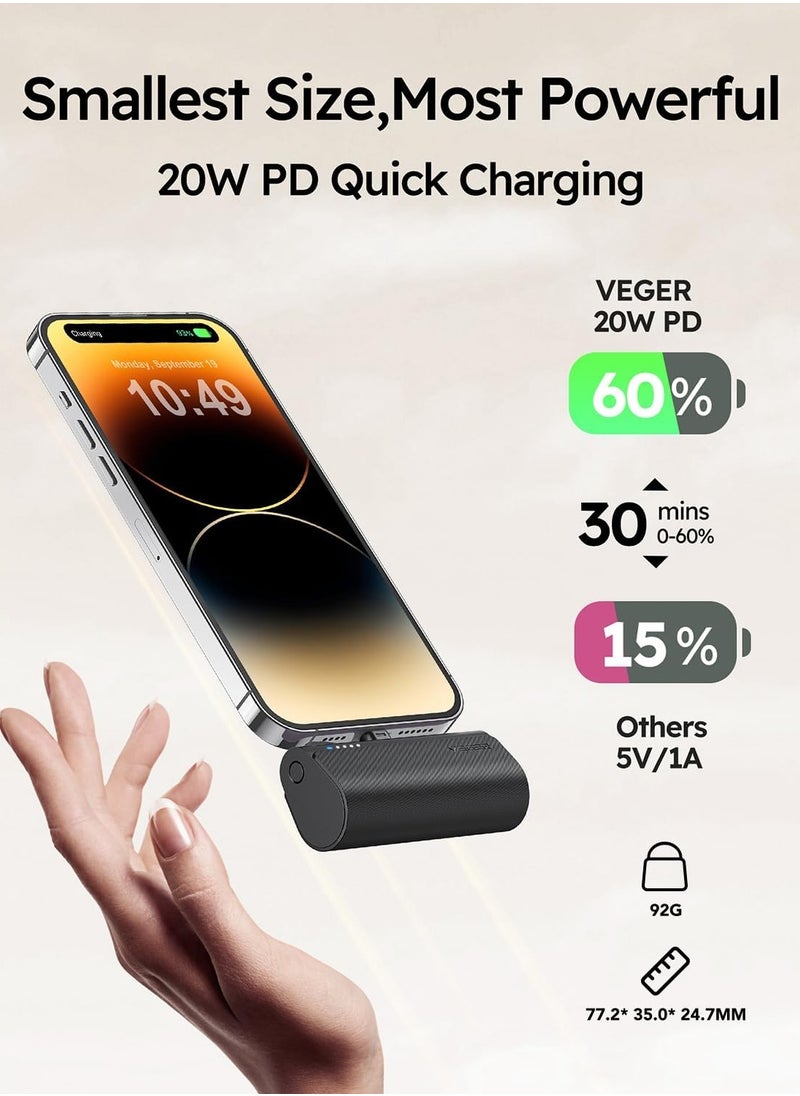 VEGER - VEGER Mini Portable Power Bank For iPhone, 5000mAh 20W PD Fast Charging, Cordless Charger with Lightning Connector, Compatible With iPhone 14/13/12/11/8/7/6/XR/X, Airpods - Black - Image 1