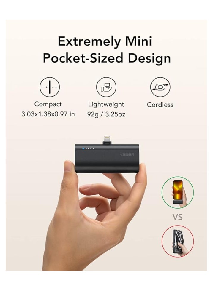 VEGER - VEGER Mini Portable Power Bank For iPhone, 5000mAh 20W PD Fast Charging, Cordless Charger with Lightning Connector, Compatible With iPhone 14/13/12/11/8/7/6/XR/X, Airpods - Black - Image 1