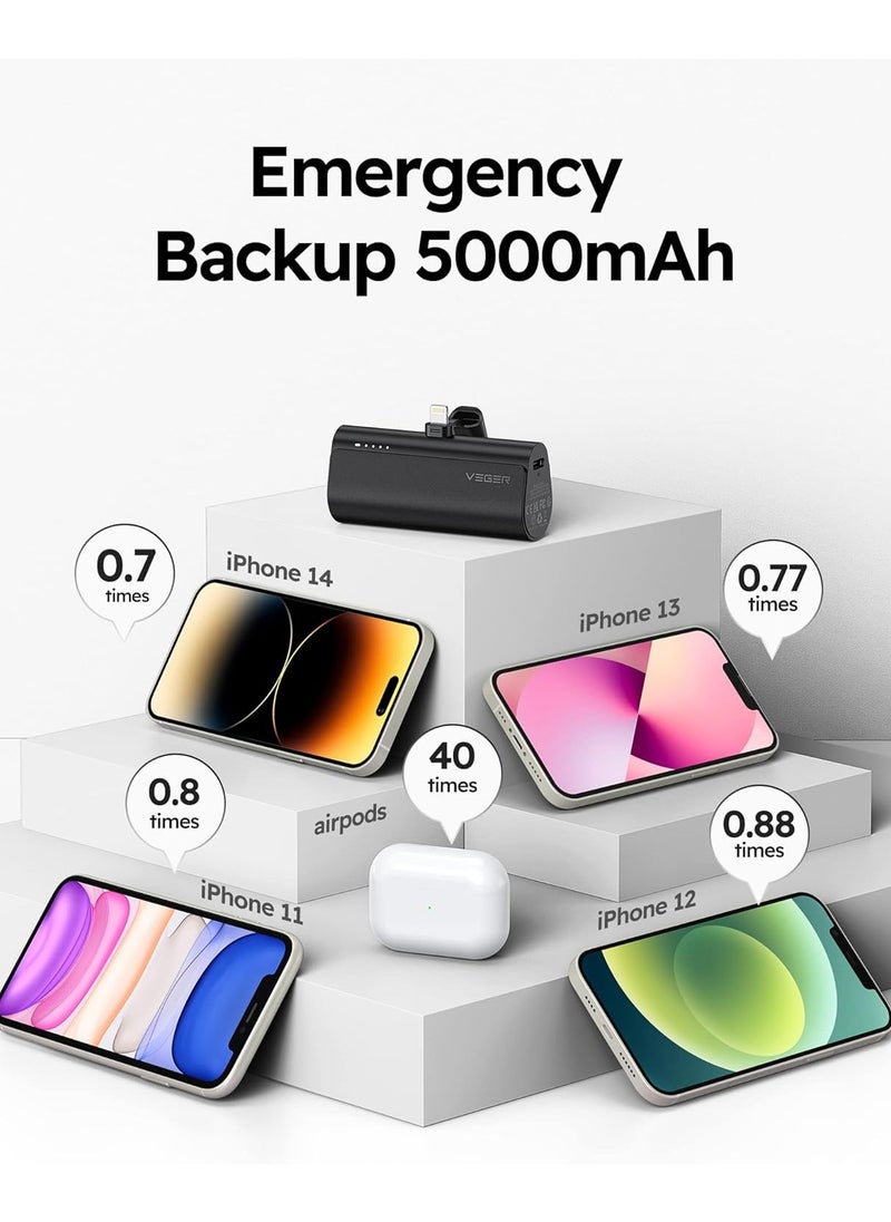 VEGER - VEGER Mini Portable Power Bank For iPhone, 5000mAh 20W PD Fast Charging, Cordless Charger with Lightning Connector, Compatible With iPhone 14/13/12/11/8/7/6/XR/X, Airpods - Black - Image 1