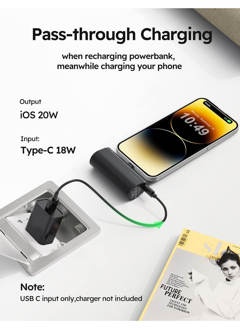 VEGER - VEGER Mini Portable Power Bank For iPhone, 5000mAh 20W PD Fast Charging, Cordless Charger with Lightning Connector, Compatible With iPhone 14/13/12/11/8/7/6/XR/X, Airpods - Black - Image 1
