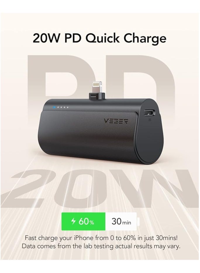 VEGER - VEGER Mini Portable Power Bank For iPhone, 5000mAh 20W PD Fast Charging, Cordless Charger with Lightning Connector, Compatible With iPhone 14/13/12/11/8/7/6/XR/X, Airpods - Black - Image 1