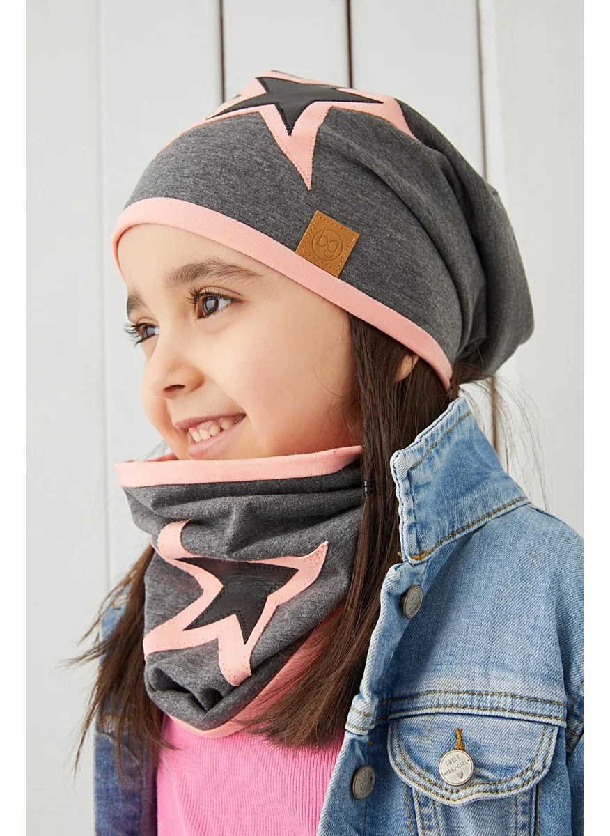 Babygiz Powder Gray Kids Baby Beanie Neck Collar Set Soft 100% Cotton Combed Cotton Star Series