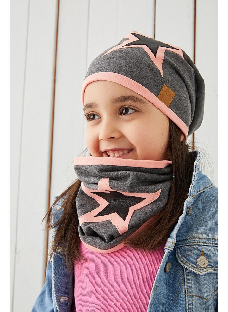 Babygiz - Powder Gray Kids Baby Beanie Neck Collar Set Soft 100% Cotton Combed Cotton Star Series - Image 1
