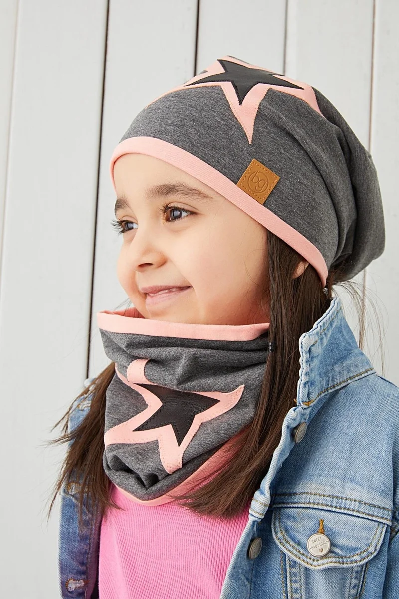 بيبيجيز Powder Gray Kids Baby Beanie Neck Collar Set Soft 100% Cotton Combed Cotton Star Series