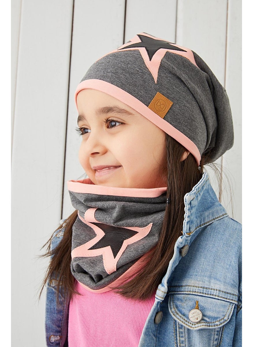 Babygiz - Powder Gray Kids Baby Beanie Neck Collar Set Soft 100% Cotton Combed Cotton Star Series - Image 1