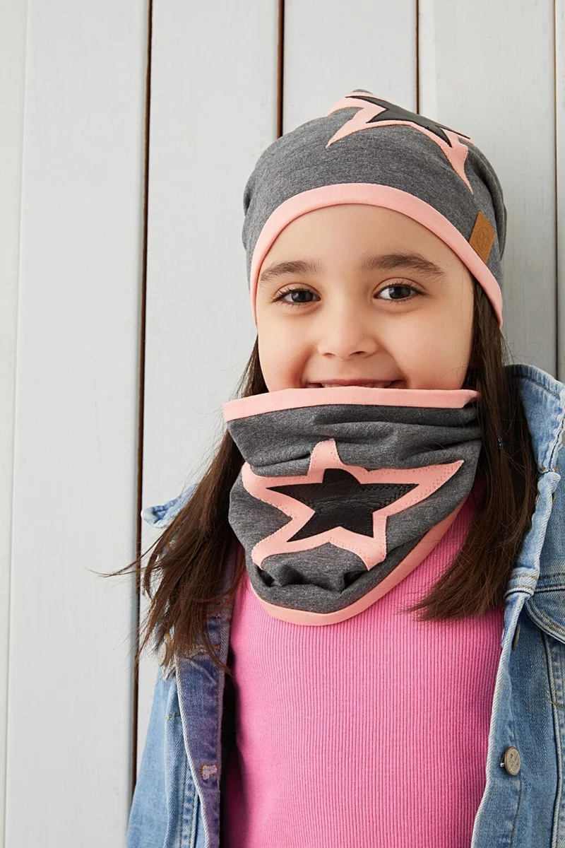 بيبيجيز Powder Gray Kids Baby Beanie Neck Collar Set Soft 100% Cotton Combed Cotton Star Series