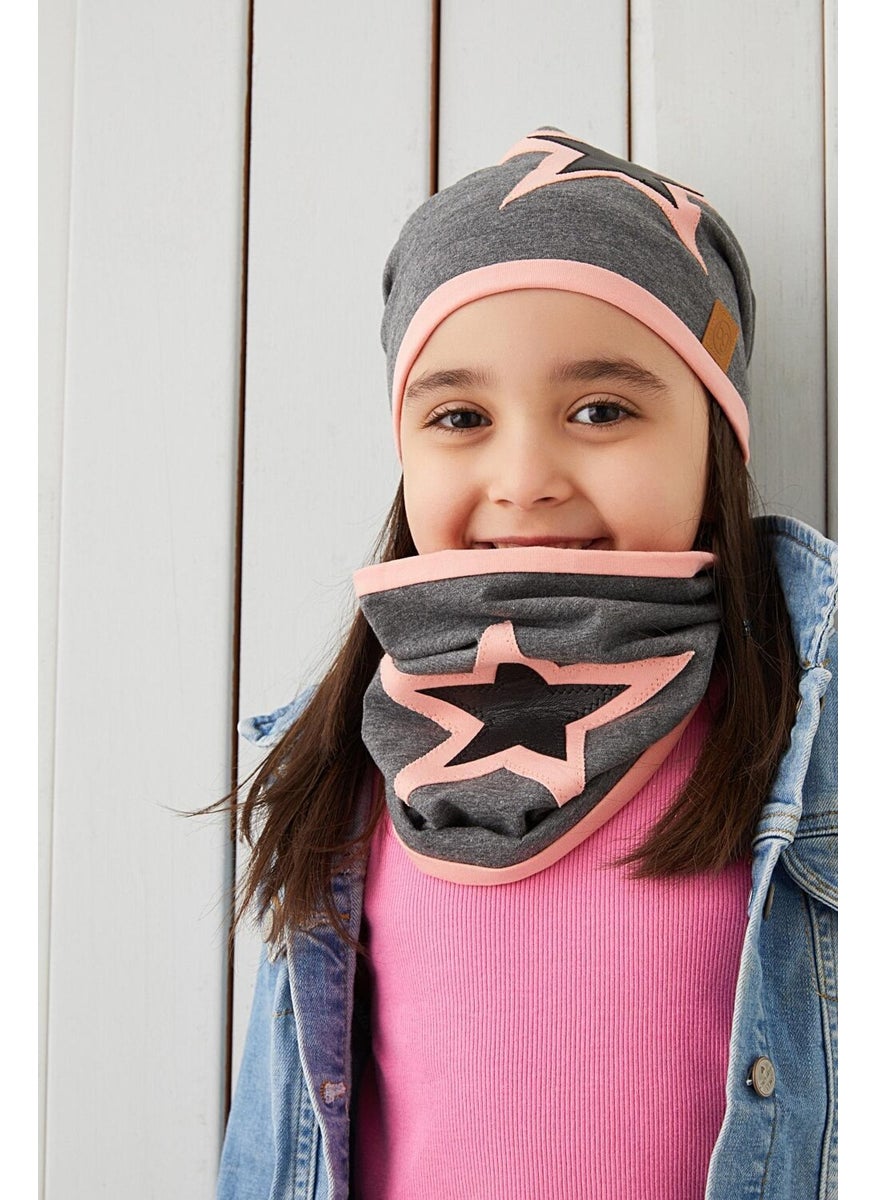 Babygiz - Powder Gray Kids Baby Beanie Neck Collar Set Soft 100% Cotton Combed Cotton Star Series - Image 1