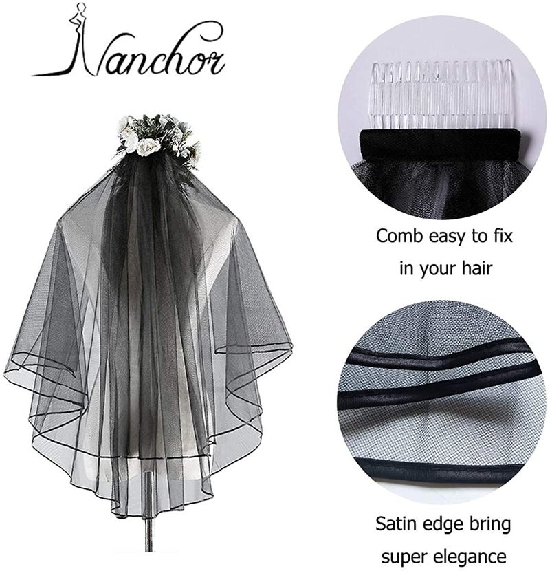 Nanchor Black Bridal Veil Women's Simple Tulle Short Bachelorette Party Wedding Veil Ribbon Edge With Comb for Wedding Hen Party (Black) - Image 5
