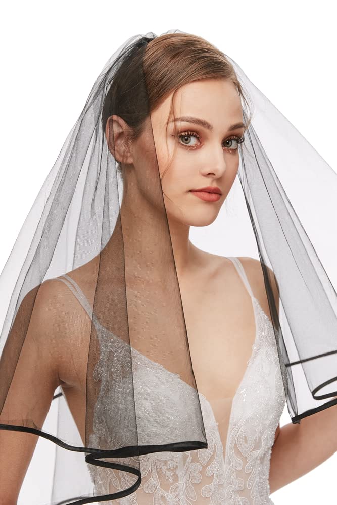 Nanchor Black Bridal Veil Women's Simple Tulle Short Bachelorette Party Wedding Veil Ribbon Edge With Comb for Wedding Hen Party (Black) - Image 4