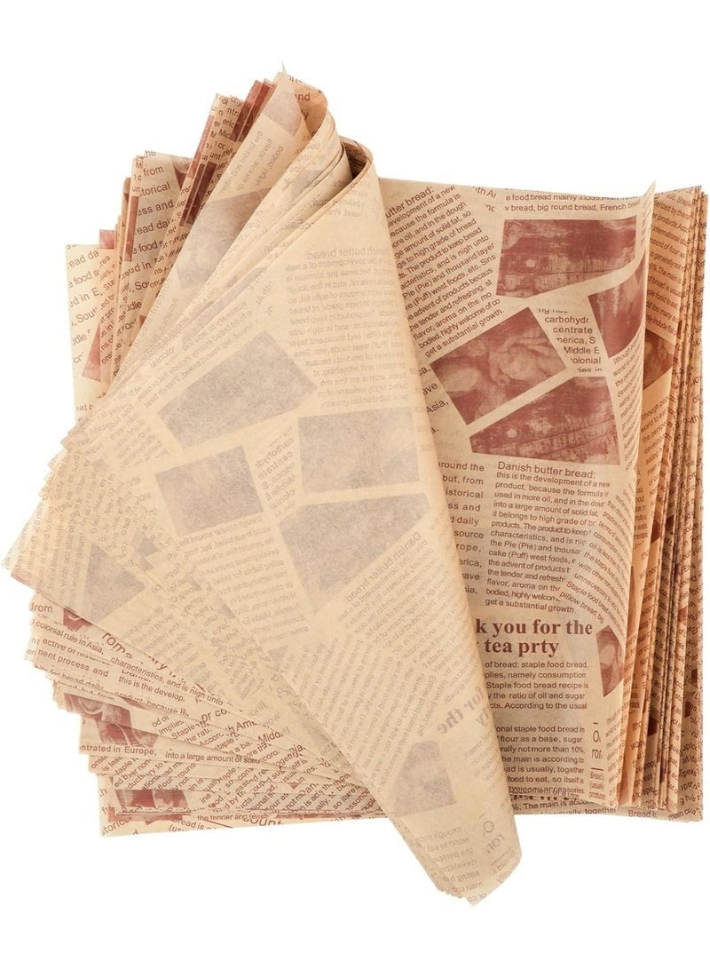 100 Sheets Greaseproof Food Wrapping Paper Vintage Newspaper Design 28x38 cm Oil Resistant Food Grade Wrapping Paper for Burgers Shawarma Sandwiches French Fries Fried Chicken Pastries Desserts Bakery Takeaway Serving Trays Baskets Restaurant Cafe Food Truck Use - Brown - Image 2