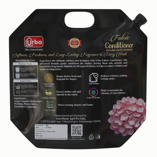 Urba Ultra Concentrated Fabric Conditioner(Fabric softner), Floral Bloom, 5 Litre, Long Lasting Freshness, Super Saver Pack - Image 3