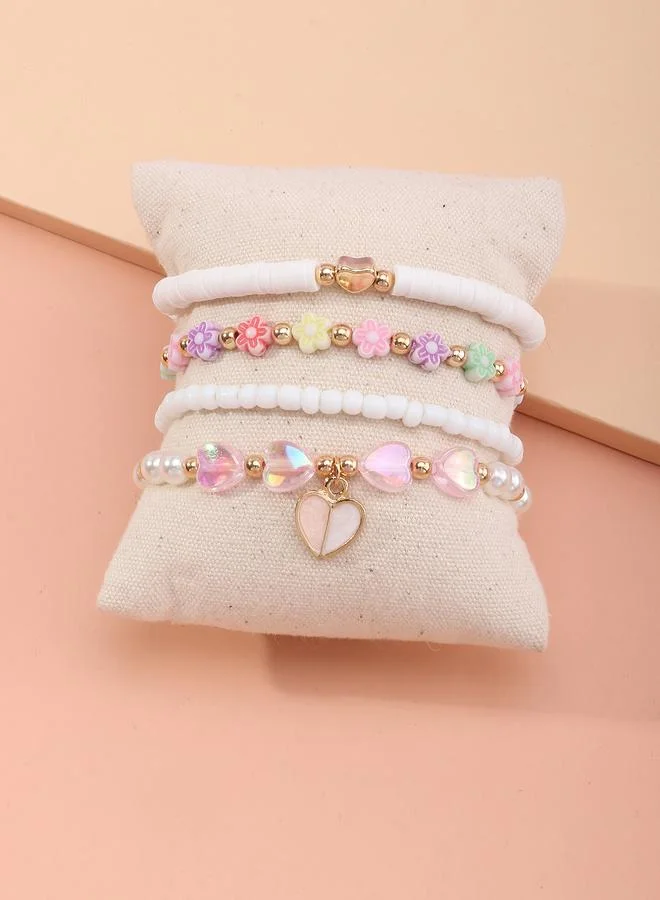 Pack of 4 - Girls Multi-Color Pastel Heart and Flower Charms Beaded Bracelets