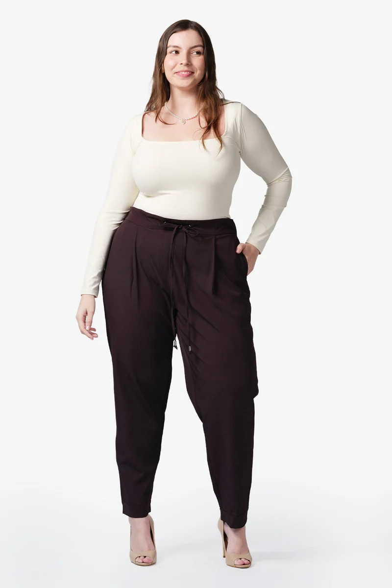 فيرجيو Solid Cotton Plus Size Trousers With Front Pleat And Drawcord Detail for Women
