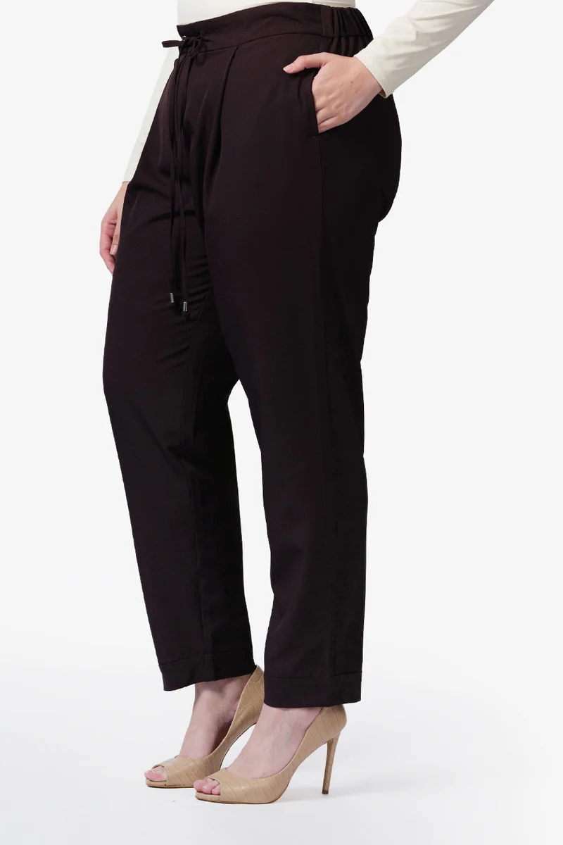 Virgio  Solid Cotton Plus Size Trousers With Front Pleat And Drawcord Detail for Women for Women | Best Price UAE
