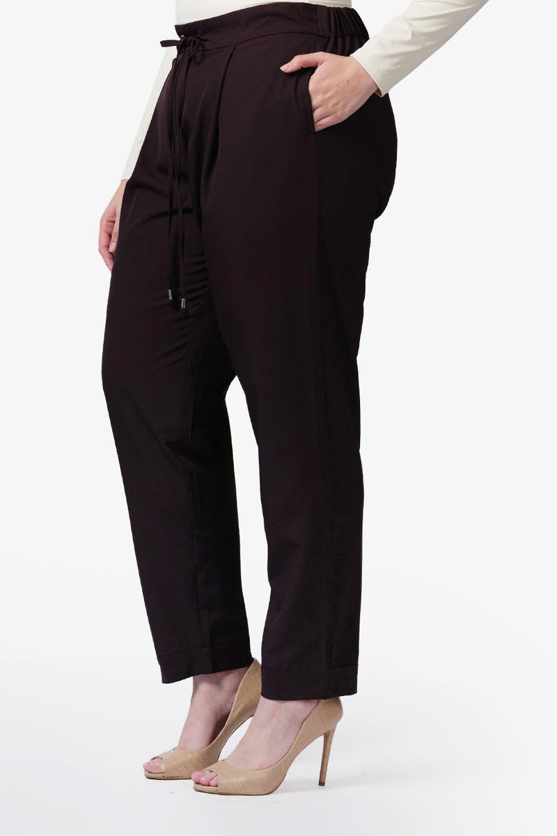 Virgio Solid Cotton Plus Size Trousers With Front Pleat And Drawcord Detail for Women - Image 4