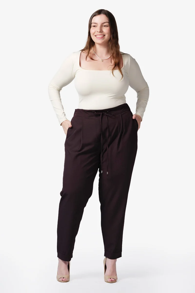 فيرجيو Solid Cotton Plus Size Trousers With Front Pleat And Drawcord Detail for Women