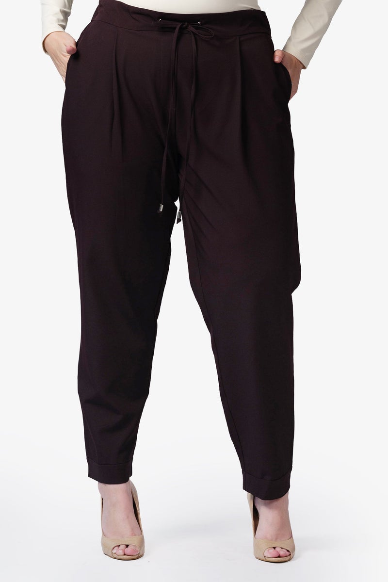 Virgio Solid Cotton Plus Size Trousers With Front Pleat And Drawcord Detail for Women - Image 3